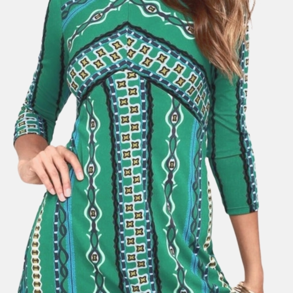 NWT Free People Stretchy Green Mod Print Mini Dress, Sz L